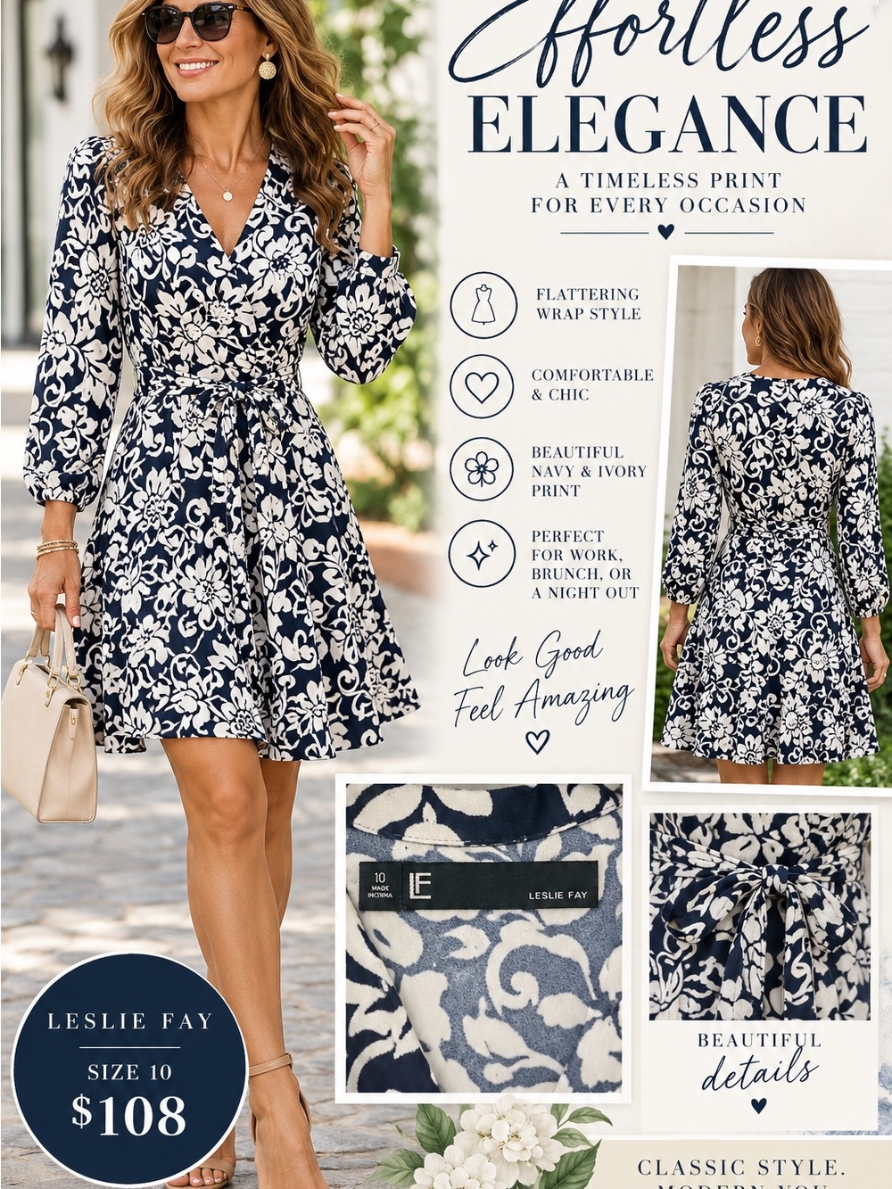 Leslie Fay Navy & Ivory Floral Wrap Dress with Tie Waist